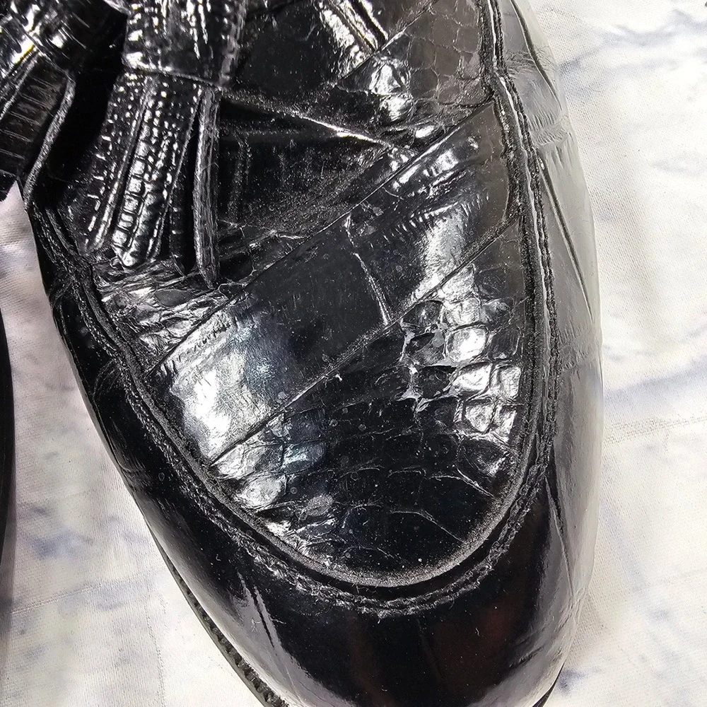 Stacy Adams Loafers Mens 10.5 Black Genuine Snake Leather Tassel Croc Embossed